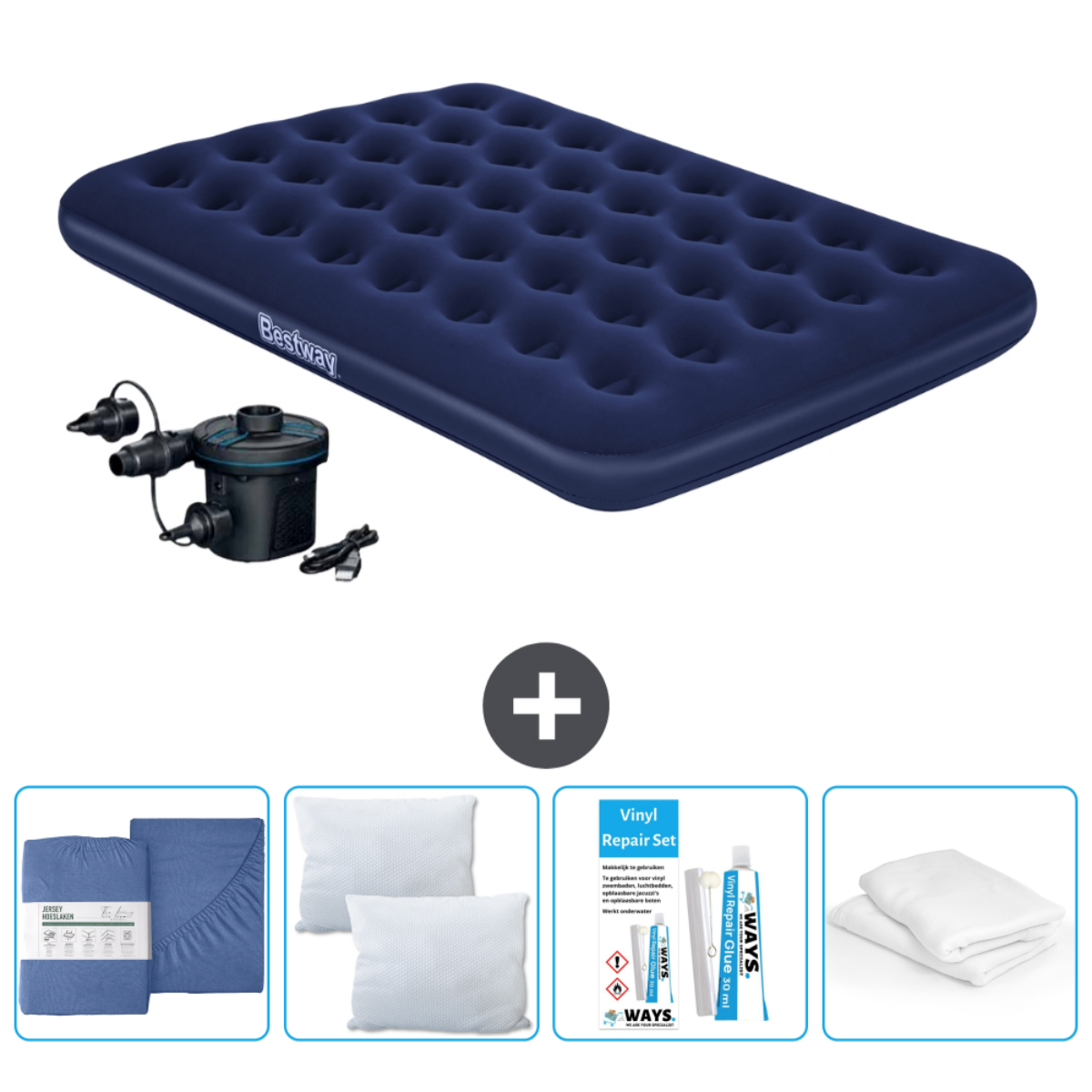 Matelas pneumatique bleu marine avec pompe électrique, parure de lit, oreillers et kit.