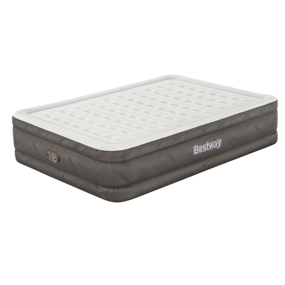 Matelas gonflable, dessus blanc, côtés gris, fond blanc.