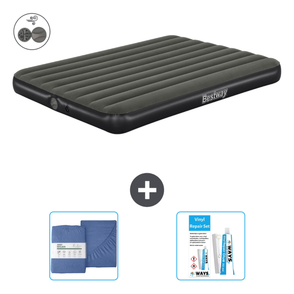 Matelas pneumatique gris avec parure de lit bleue, kit de réparation et pompe.