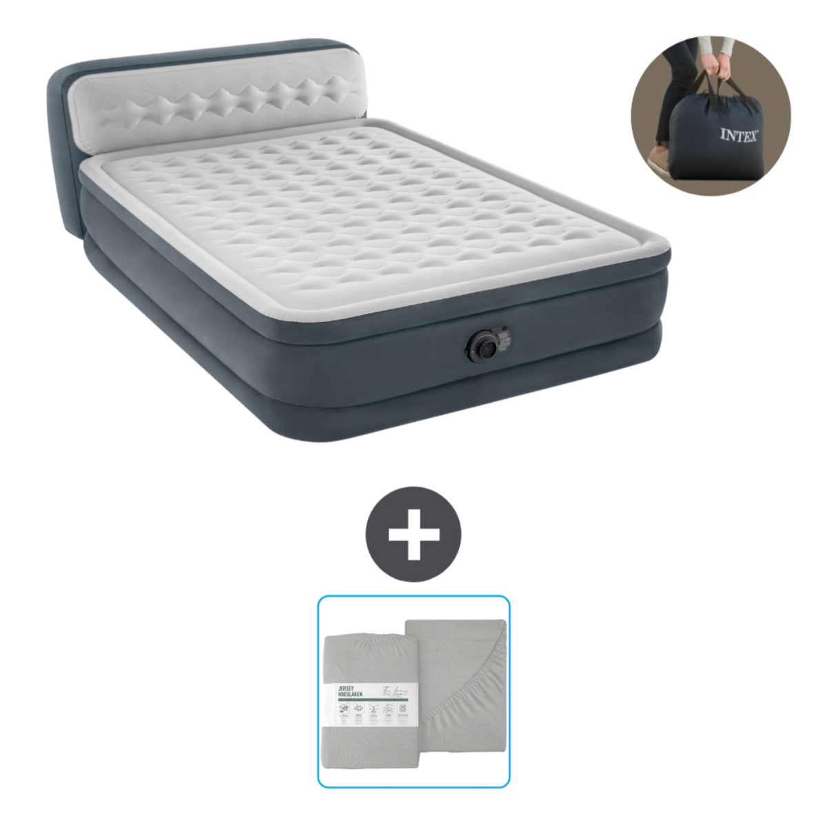 Donkerblauw Intex opblaasbed met hoofdsteun. Inclusief hoes, lakens en Intex tas.