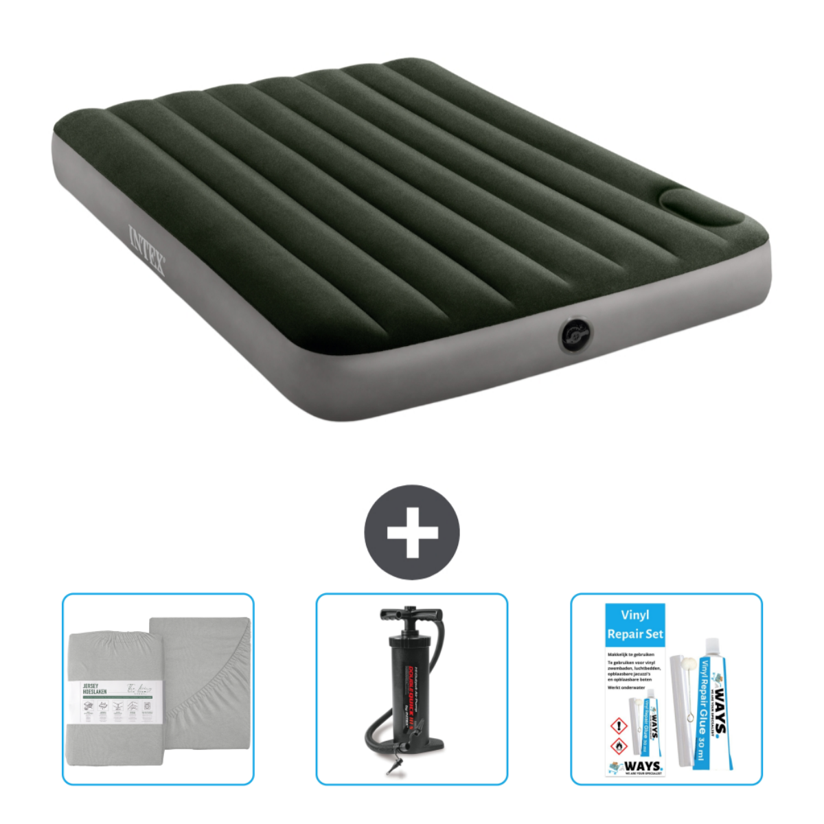 Lit gonflable avec accessoires. Lit, pompe et kit de réparation. Comprend des draps.