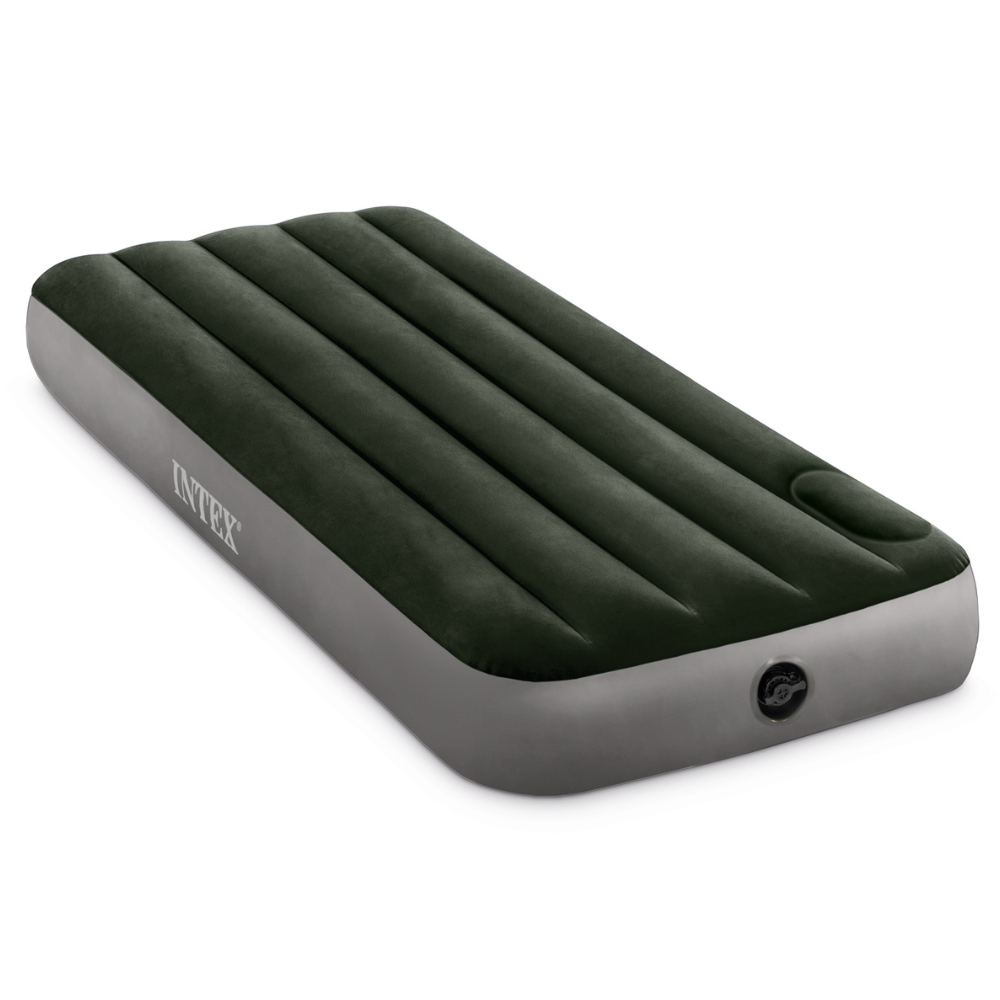Matelas gonflable, dessus vert foncé, côtés gris, fond blanc.