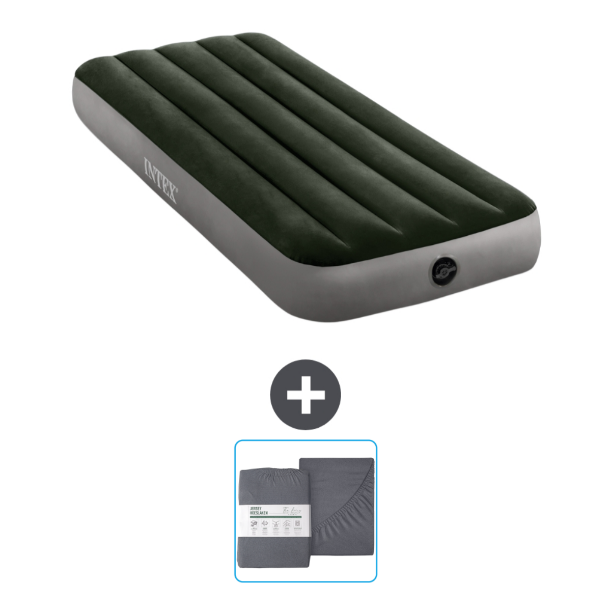 Matelas gonflable vert avec logo Intex et draps gris. Le matelas est rectangulaire et gonflé.