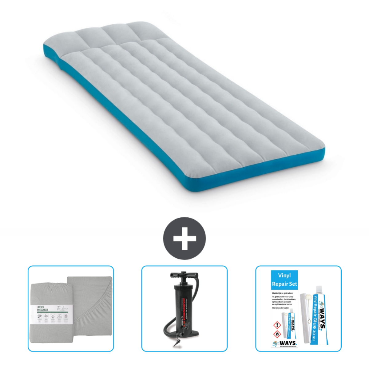 Grijs opblaasbare matras met een blauwe rand en accessoires op een witte achtergrond.