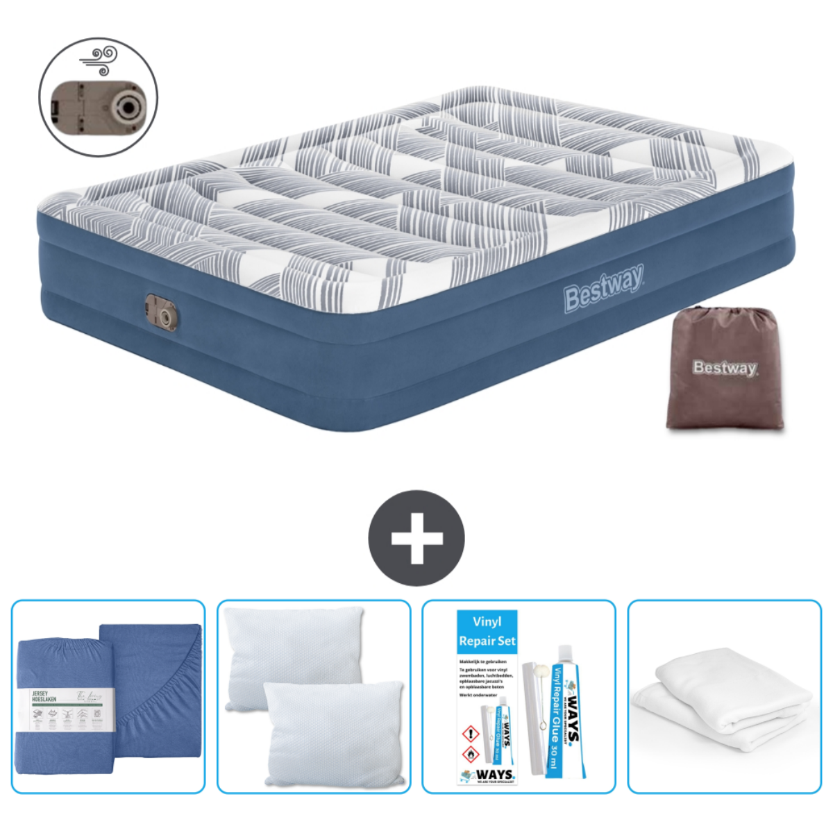 Patroon luchtbed met een blauwe lakenset, kussens, reparatieset en een pomp.