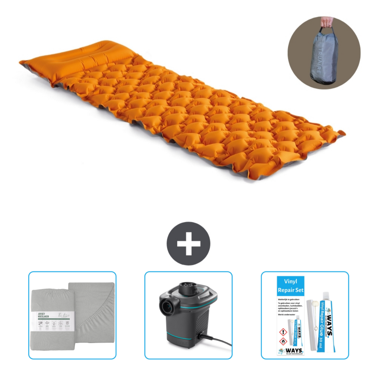 Matelas de camping gonflable orange. Comprend draps, kit de réparation et pompe à air.
