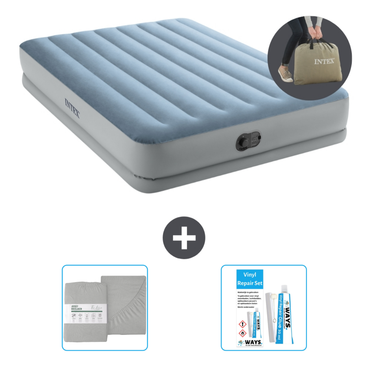 Matelas gonflable bleu Intex avec accessoires. Comprend des draps et un kit de réparation. Fond blanc.