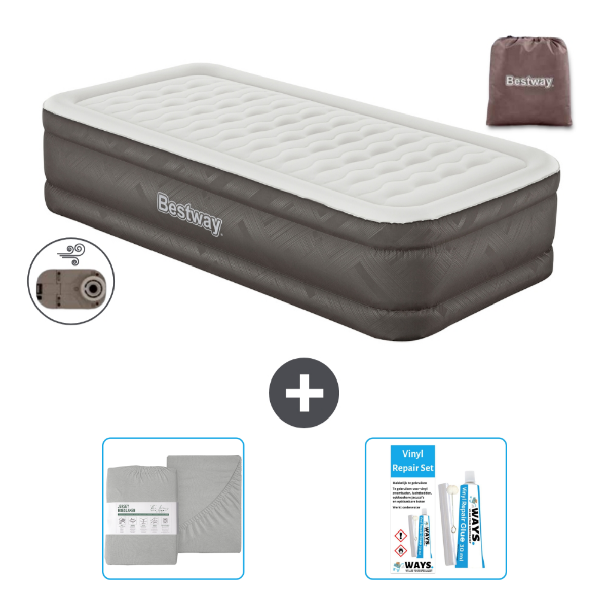 Grijs en wit opblaasbaar matras met accessoires. Een plusteken geeft een combinatie aan. Van Bestway met een tas.