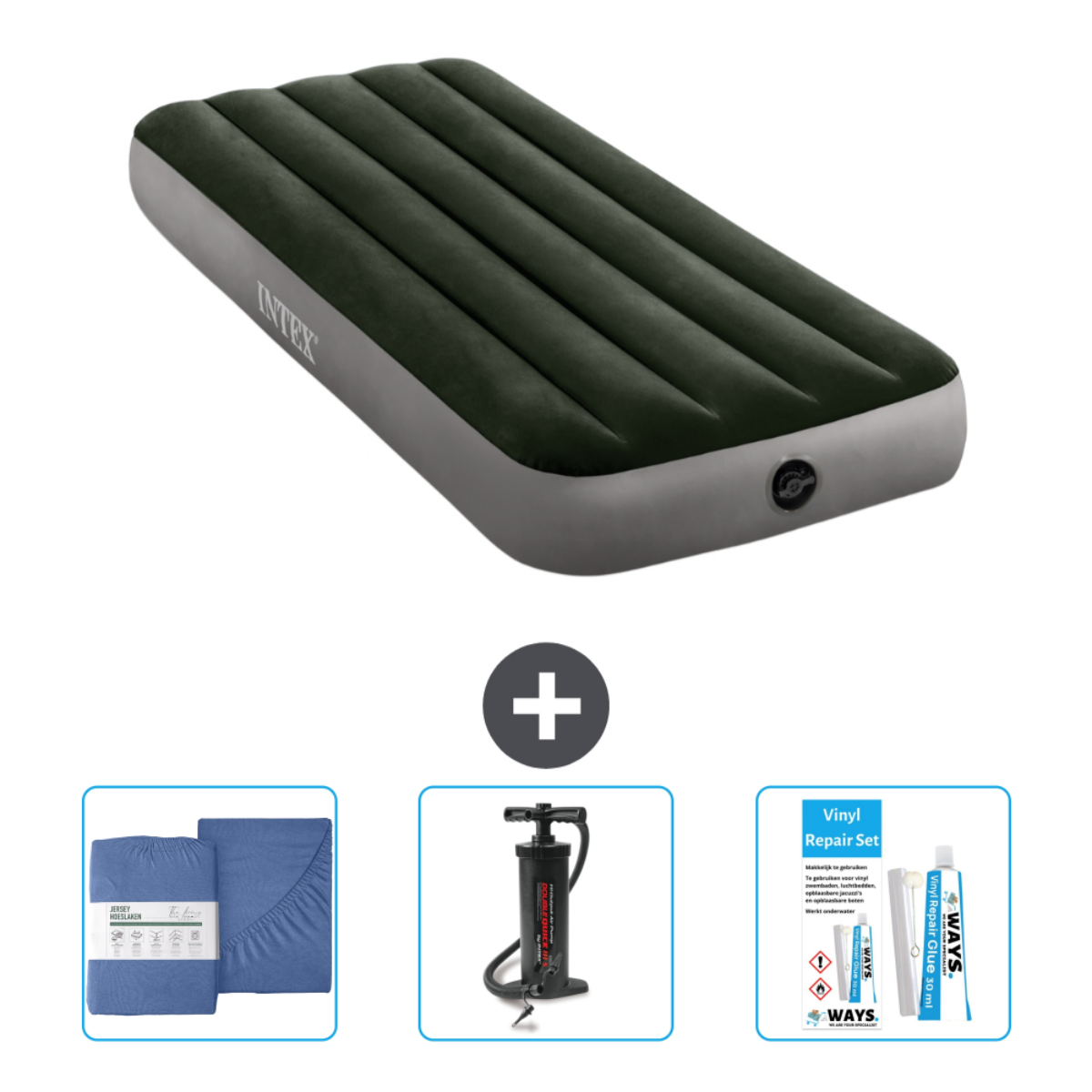Un lit pneumatique Intex avec draps, pompe et kit de réparation est présenté sur fond blanc.