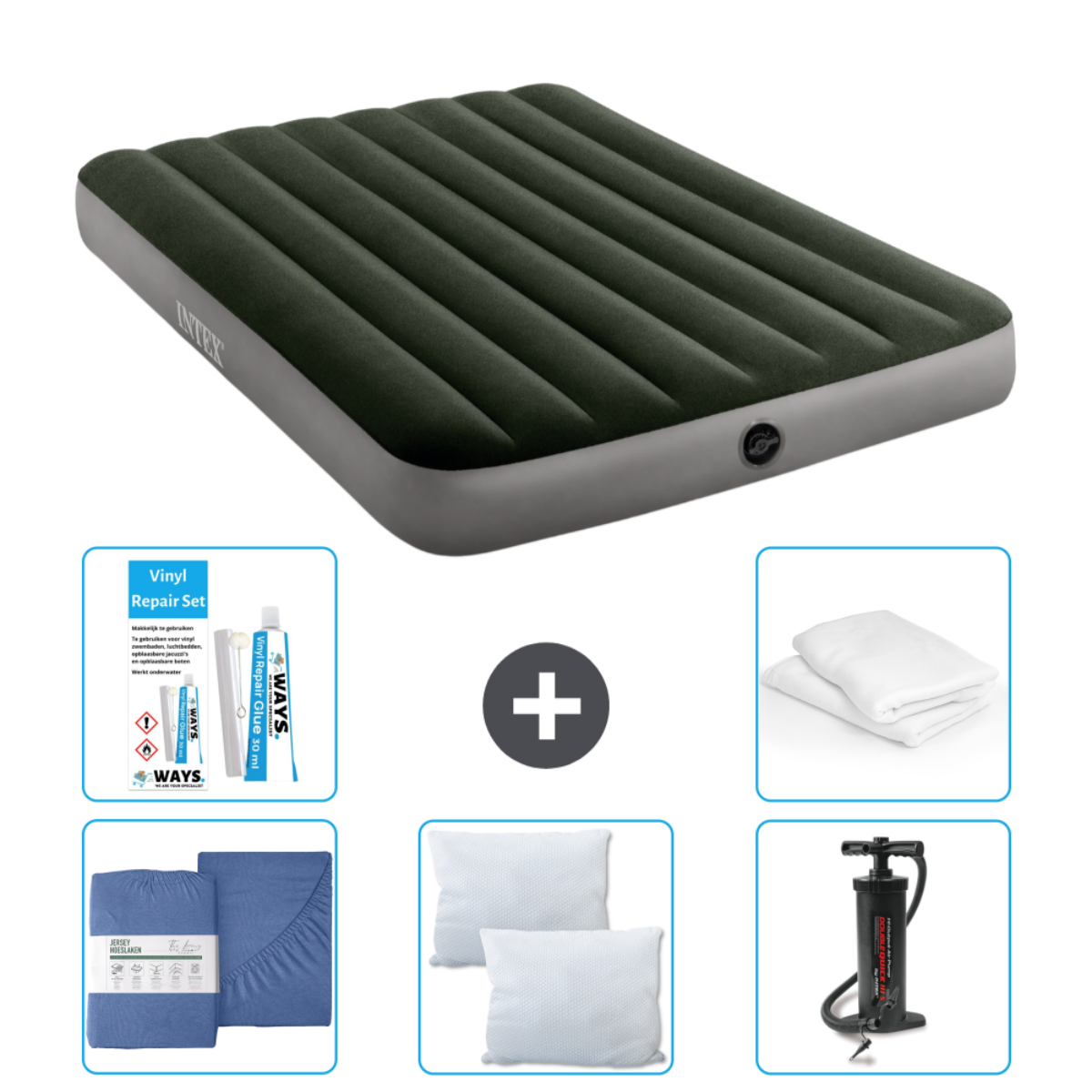 Matelas gonflable vert foncé avec draps, oreillers, pompe et kit de réparation. Intex.