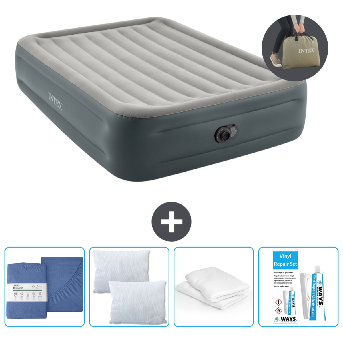Grijs Intex luchtbed met accessoires. Inclusief lakens, kussens, reparatieset en een tas.