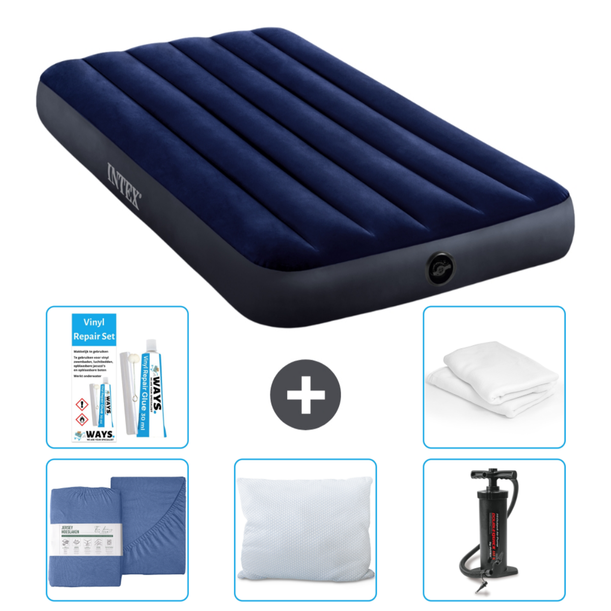 Marineblauw luchtbed met reparatieset, blauwe lakenset, kussen en een pomp.