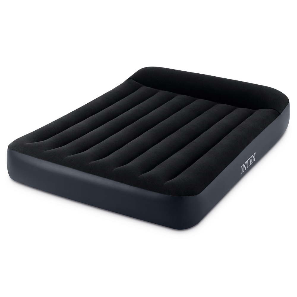 Matelas gonflable noir sur fond blanc avec des crêtes verticales.