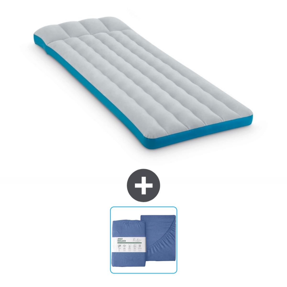Grijze luchtmatras met blauwe rand, plus beddengoedset. Witte achtergrond.