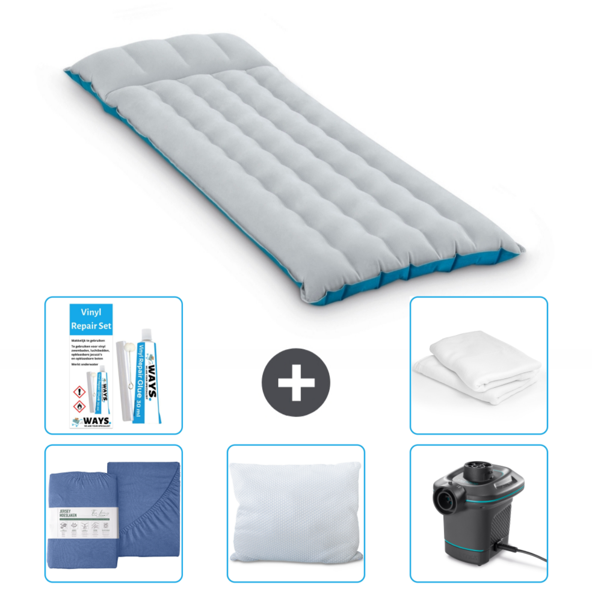 Opblaasmatras met accessoires: reparatieset, lakens, kussen en pomp.
