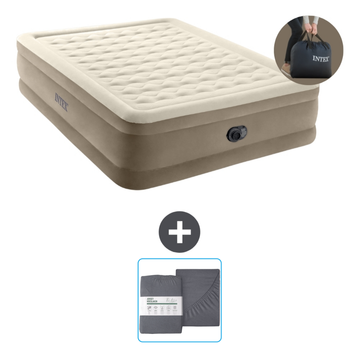 Beige en bruin opblaasbaar matras met lakens. Een plusteken geeft een combinatie aan. Het matras heeft Intex-branding.