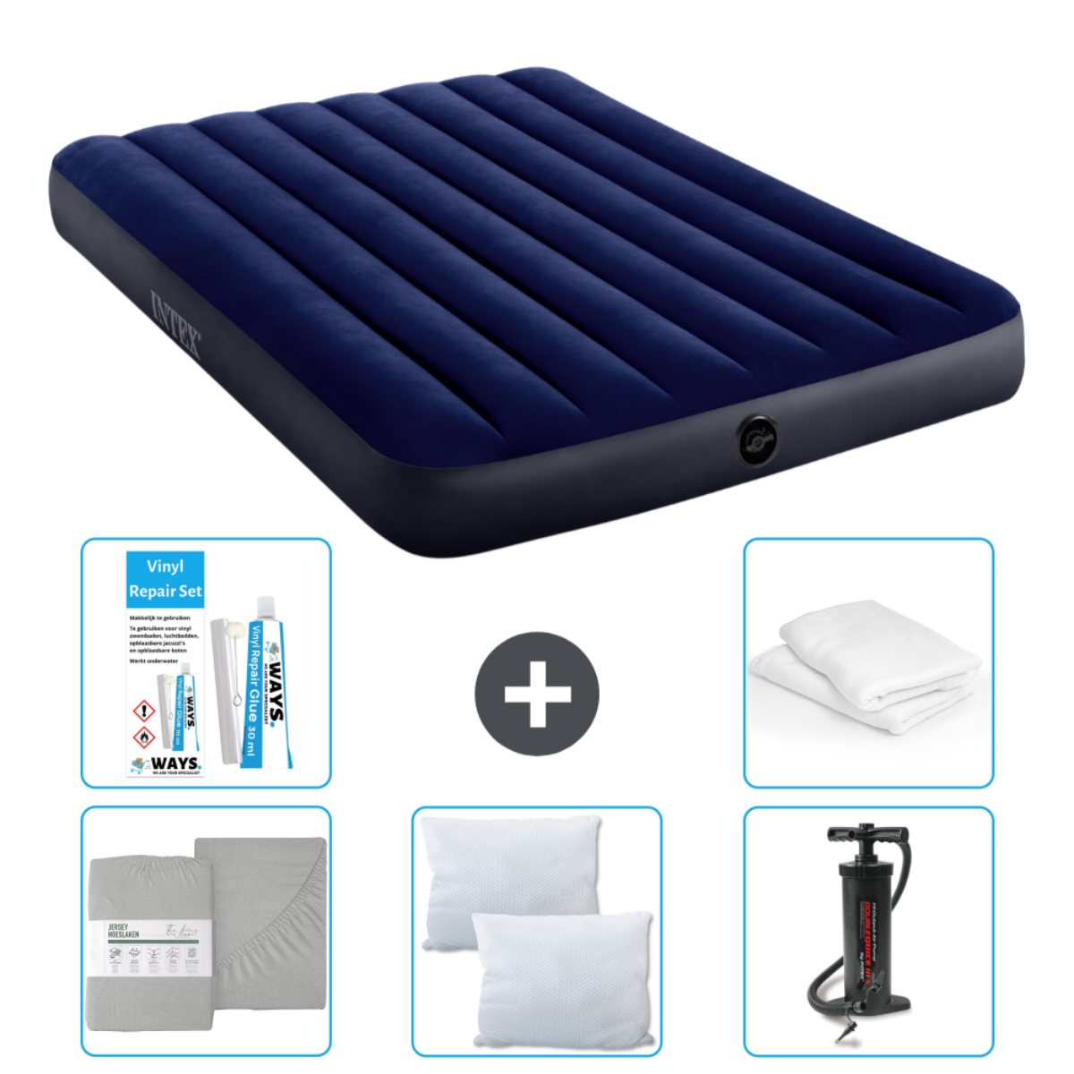 Matelas gonflable bleu foncé avec accessoires sur fond blanc.
