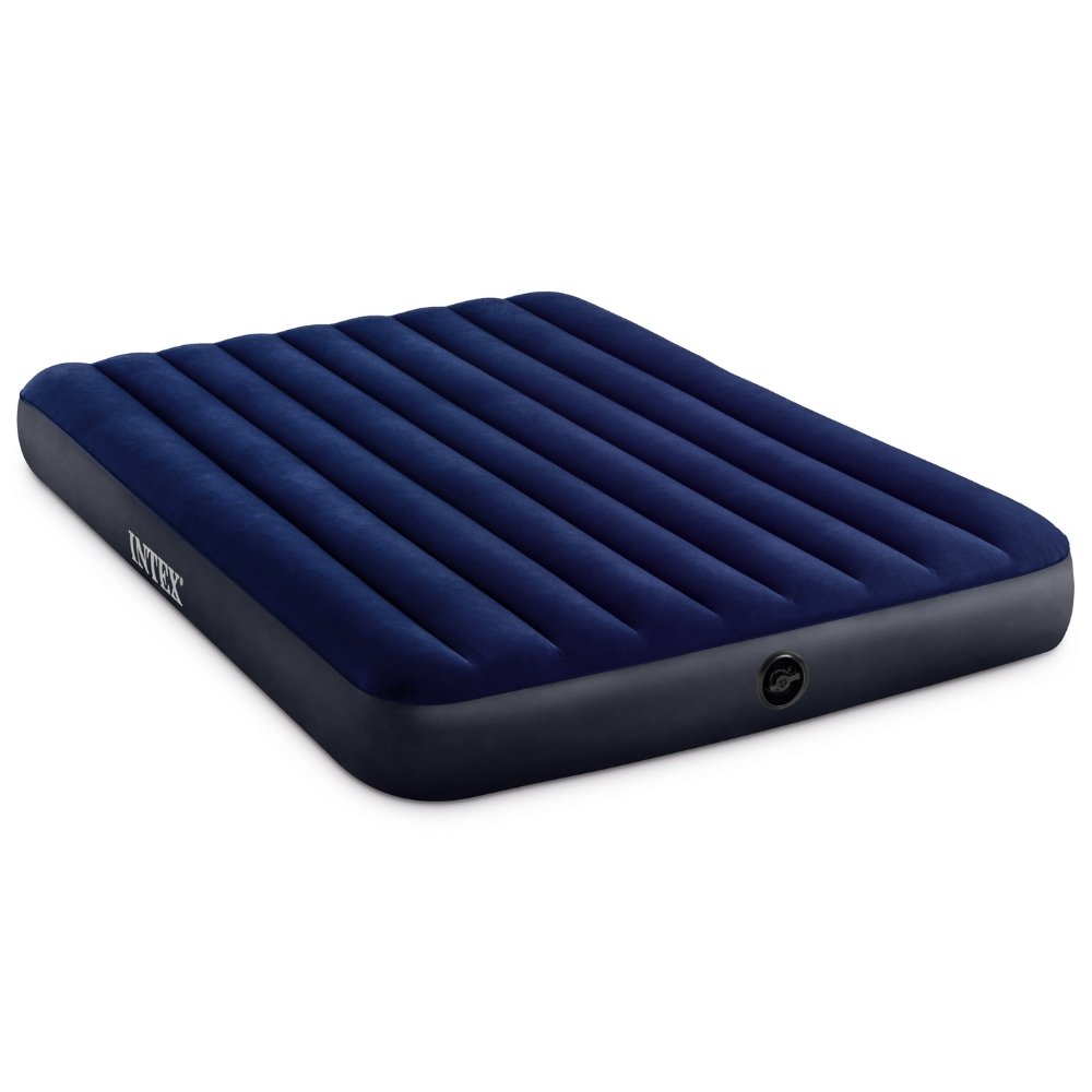 Donkerblauw opblaasbaar matras op witte achtergrond met Intex-logo.