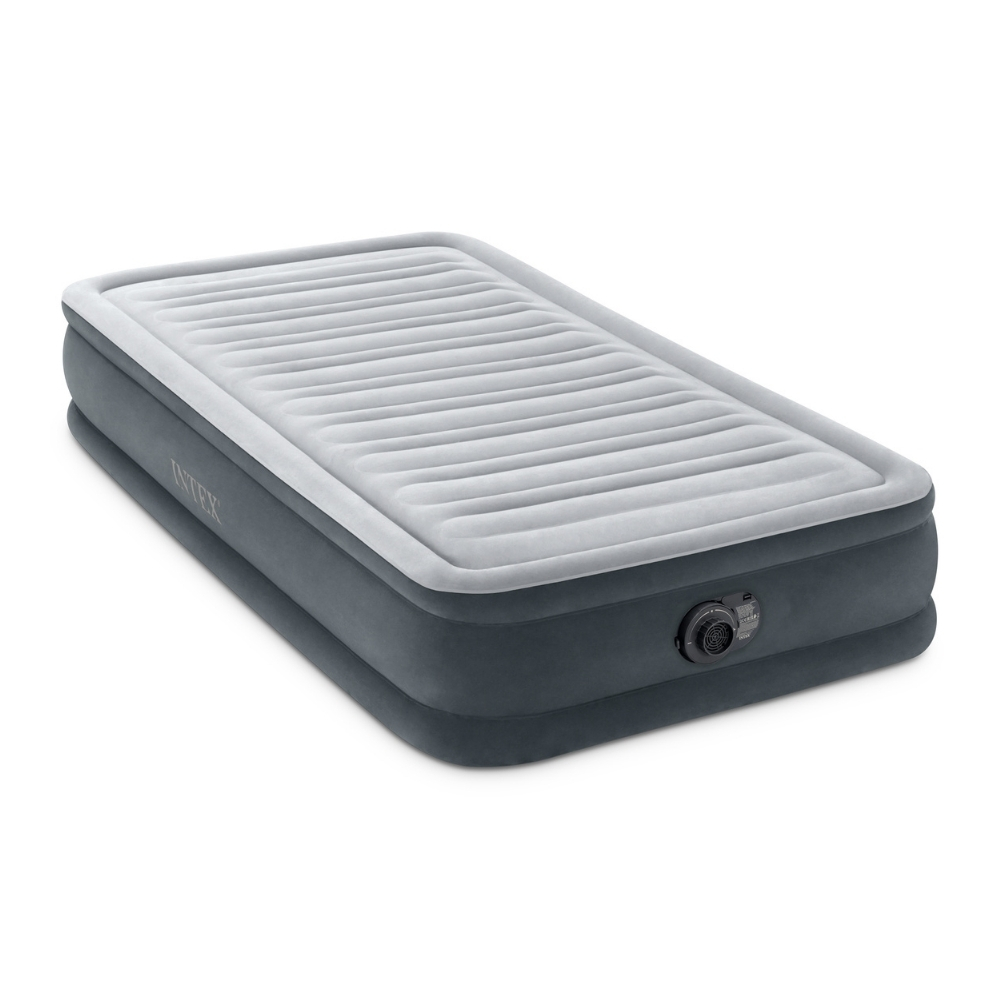 Grijs en wit opblaasbaar matras met Intex-logo op witte achtergrond.