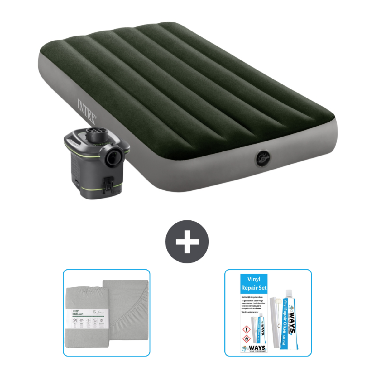 Groen opblaasbed met pomp, lakens en reparatieset. Lakens zijn grijs. De set toont WAYS logo.