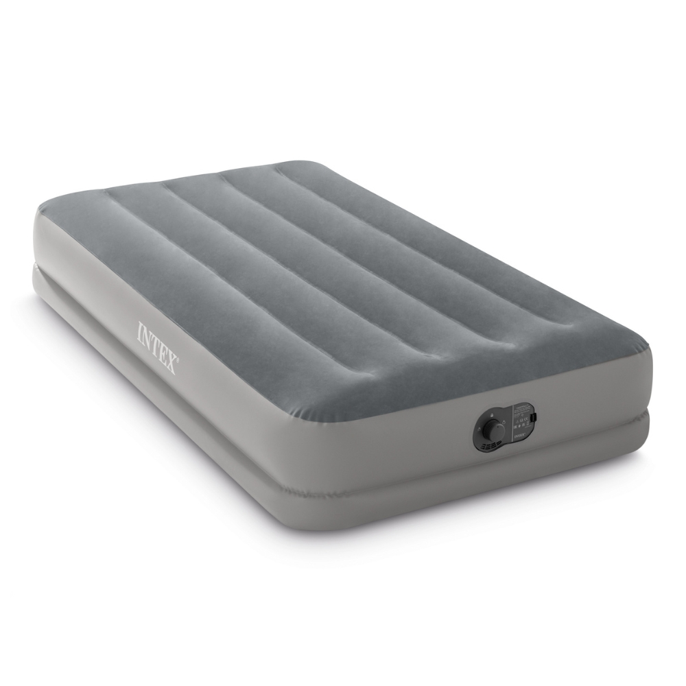 Un matelas pneumatique Intex gris est présenté avec une valve et le logo Intex.