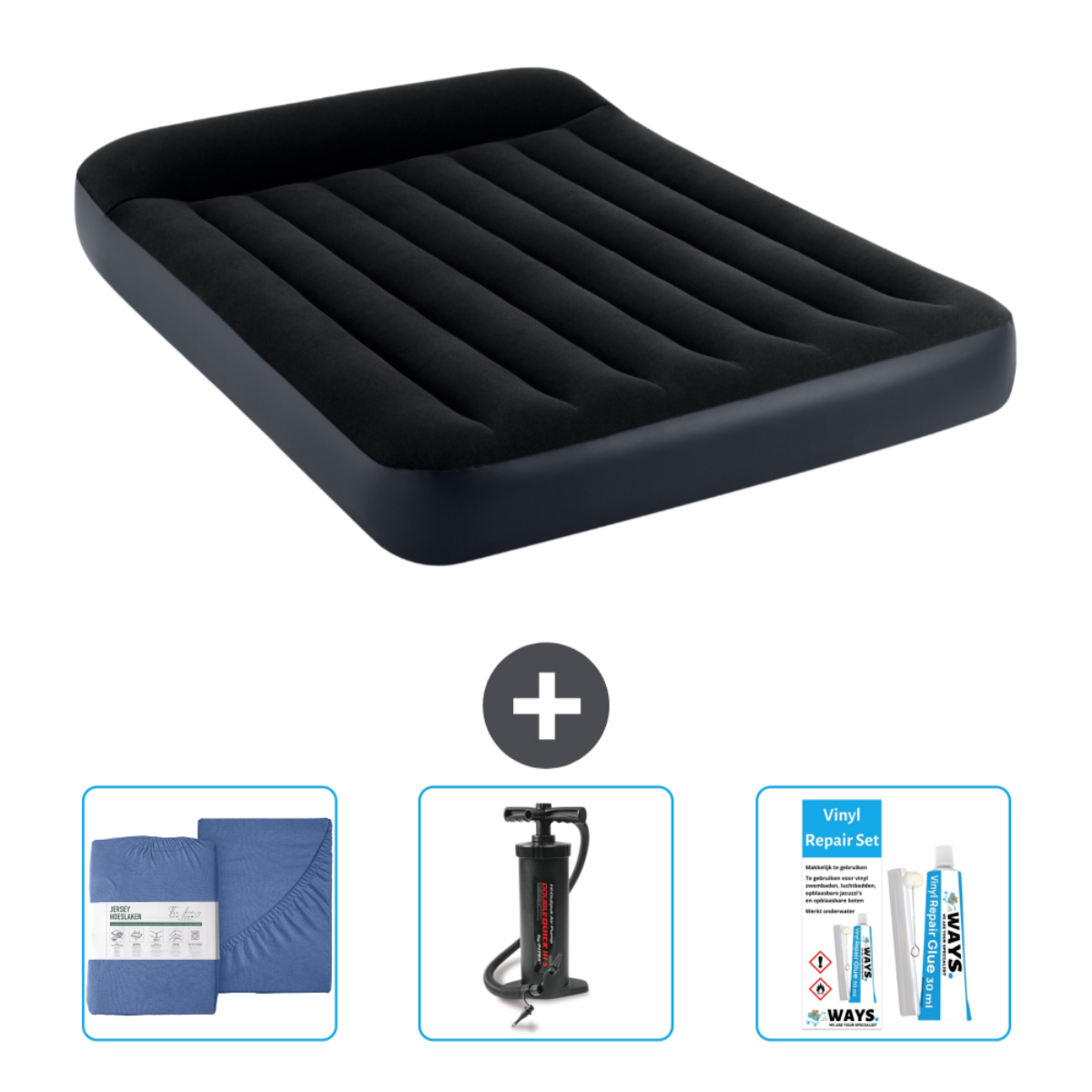 Opblaasbaar bed met accessoires. Bed, pomp en reparatieset. Inclusief lakens.