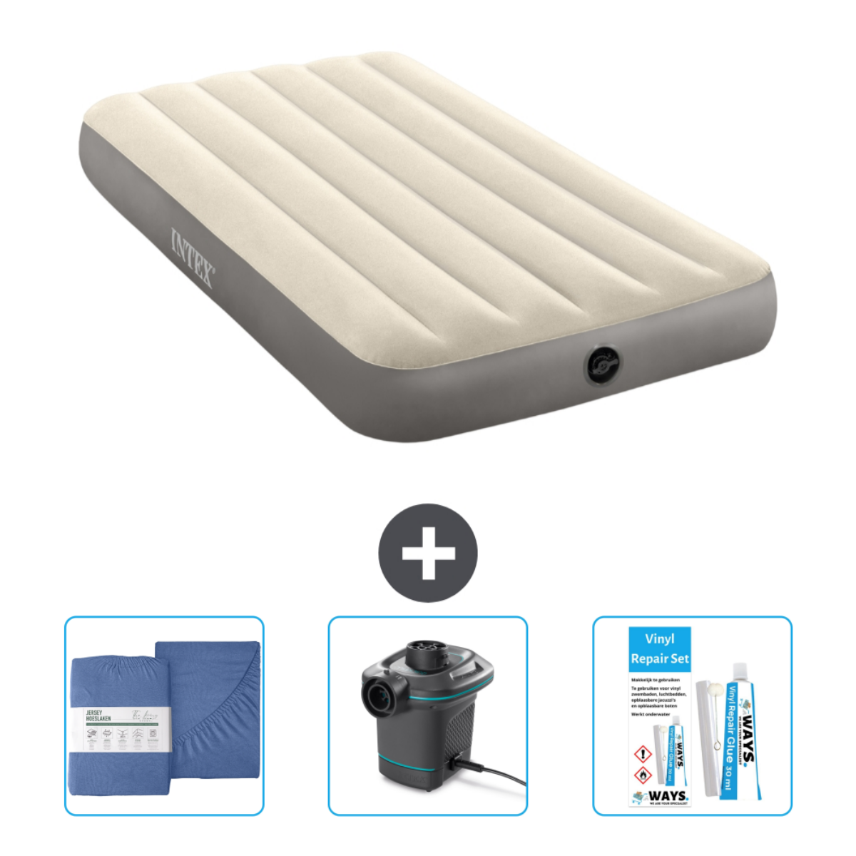 Beige opblaasbaar matras met accessoires. Een plusteken geeft een combinatie aan. Matras, lakens, pomp en reparatieset.