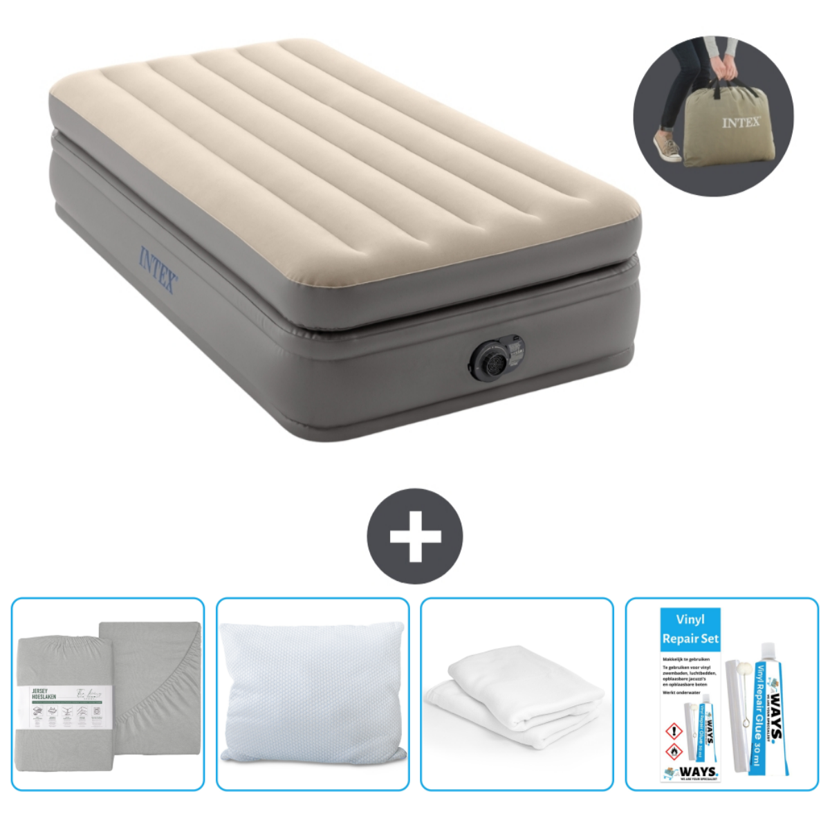 Beige Intex opblaasbed. Inclusief lakens, kussen, handdoeken, hoes, reparatieset en Intex tas.