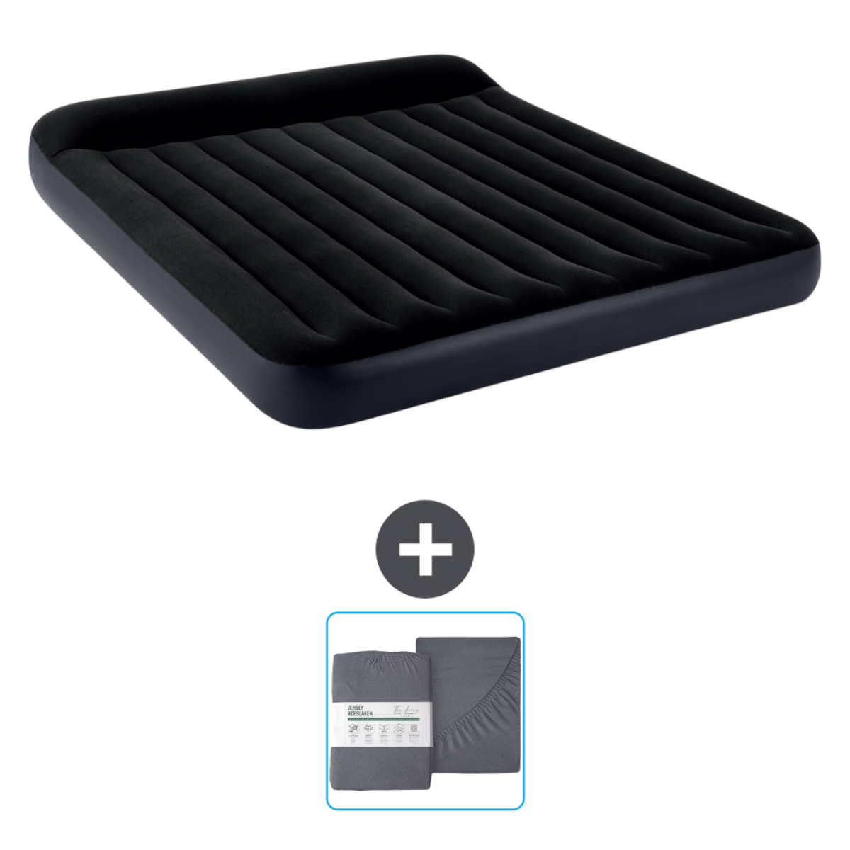 Matelas gonflable noir et draps gris. Le matelas est rectangulaire et gonflé. Comprend des draps.