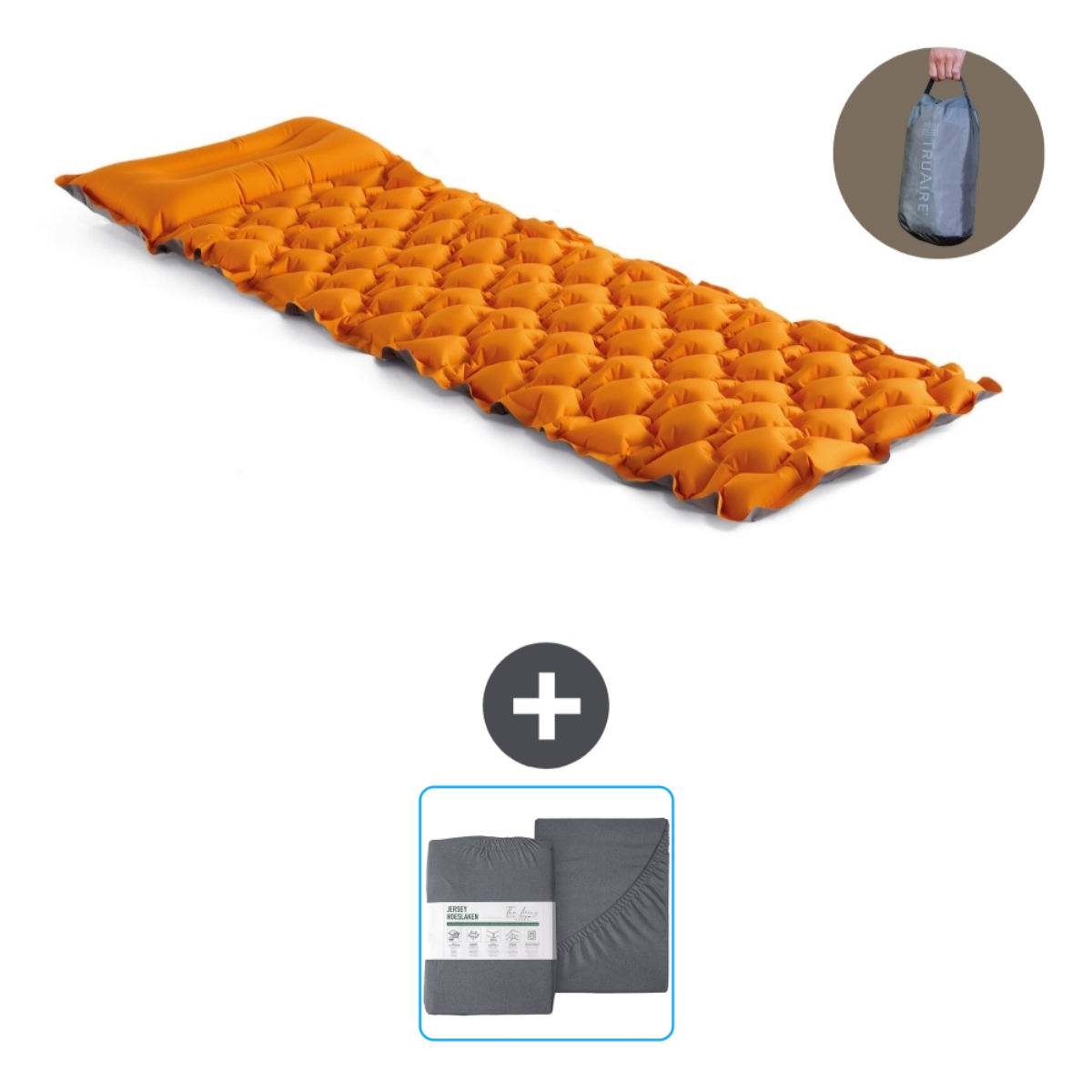 Oranje opblaasbare mat met lakens en draagtas. Een plusteken is inbegrepen.