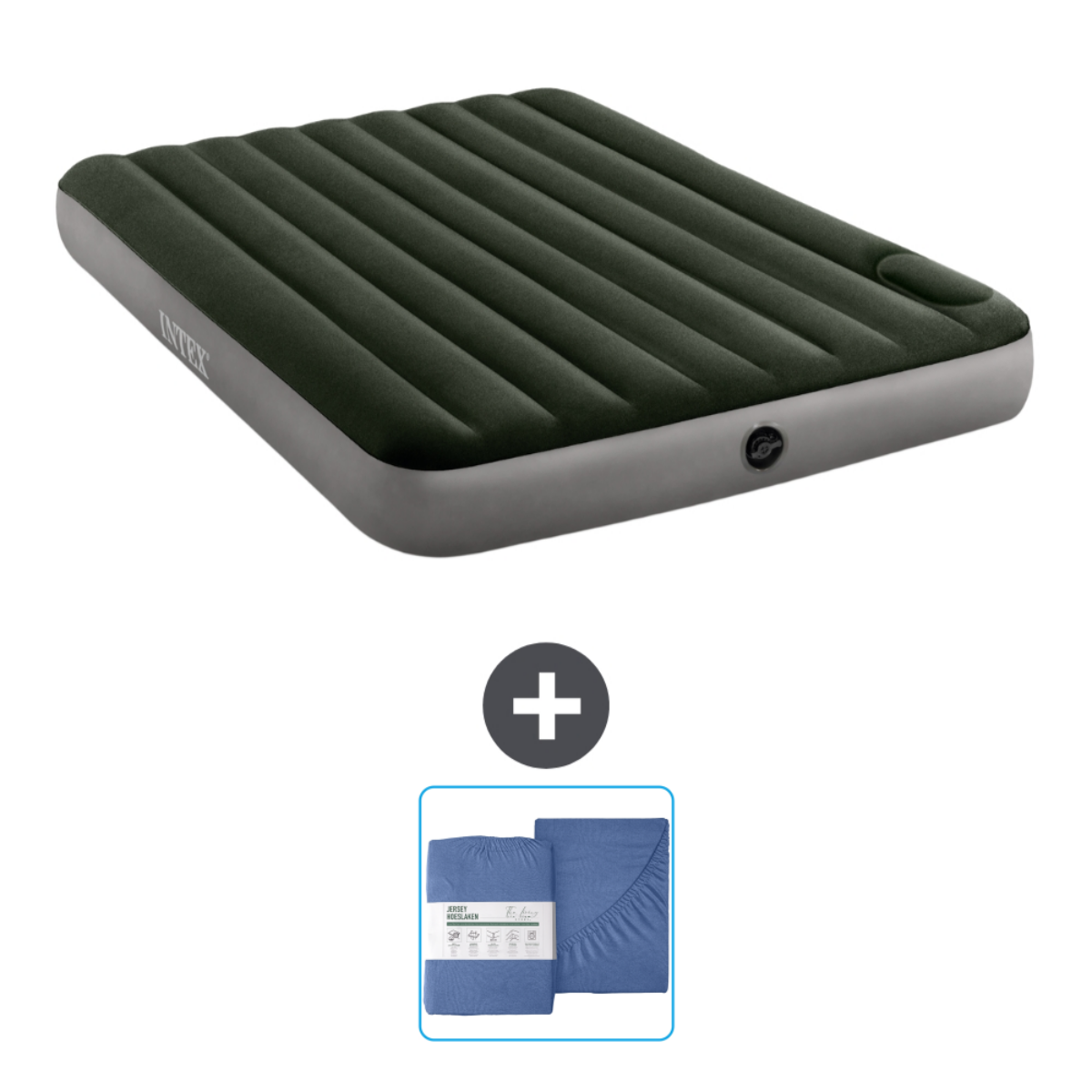 Matelas gonflable vert-gris et draps bleus.