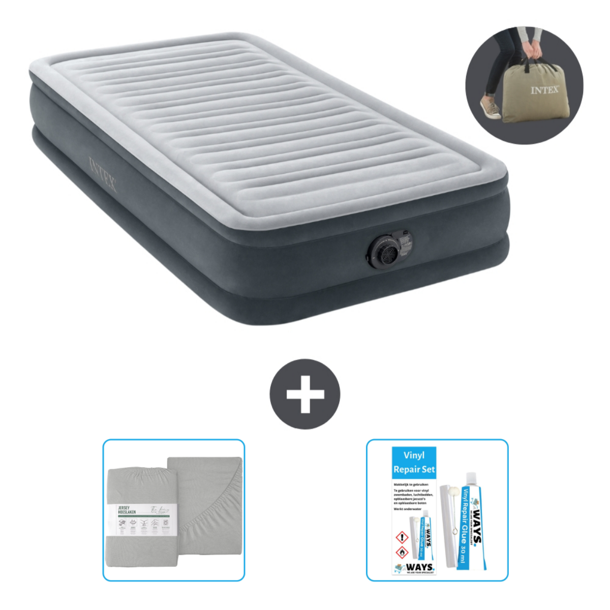 Grijs opblaasbaar matras met accessoires. Een plusteken geeft een combinatie aan. Matras, lakens, pomp en reparatieset.