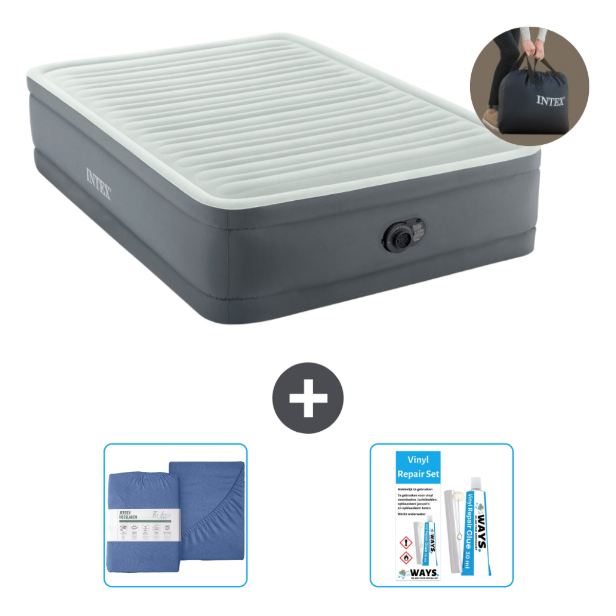 Grijs en wit opblaasbed met lakens, reparatieset en een tas. De tas zegt INTEX.