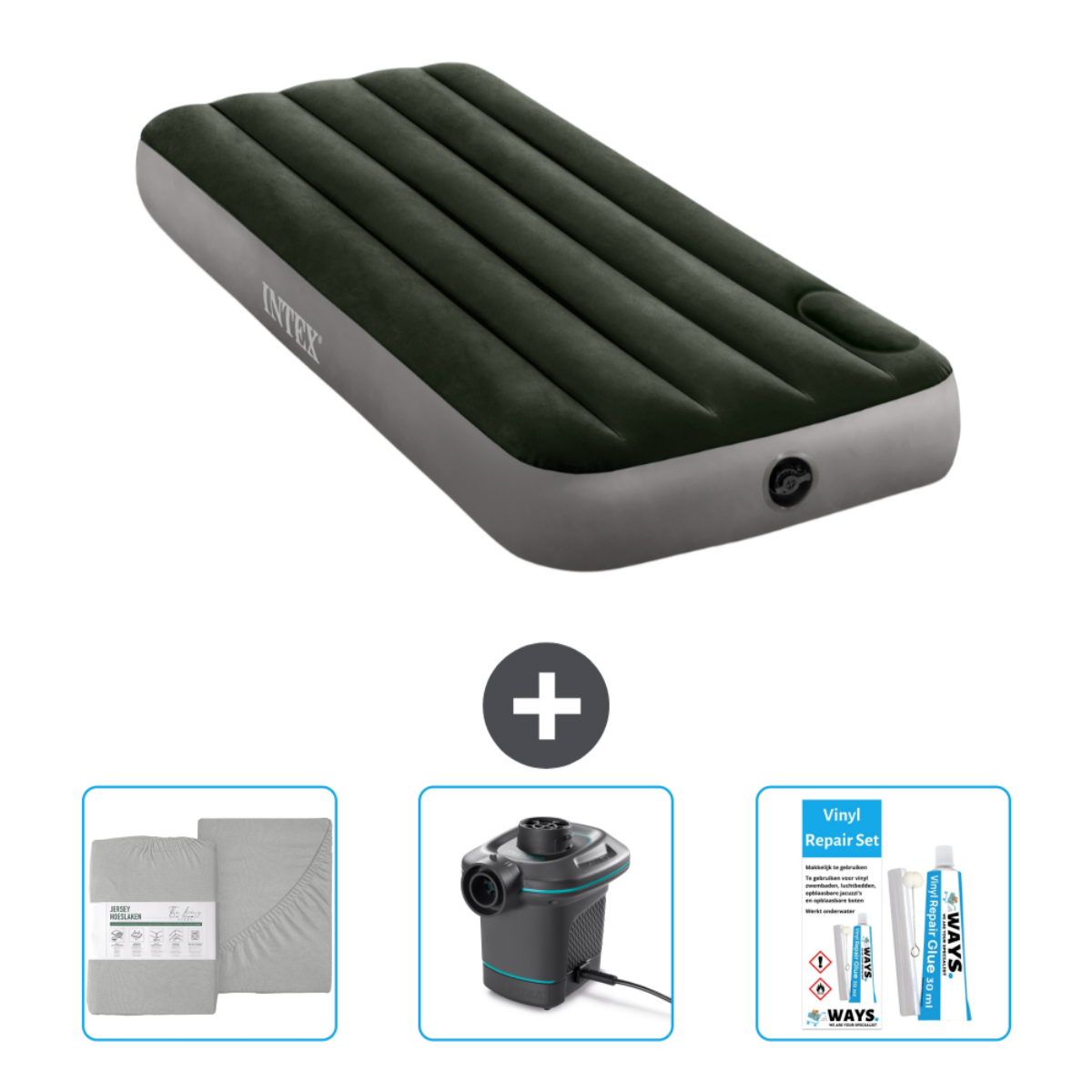 Donkergroen opblaasbaar bed met lakens, een pomp en reparatieset. Een plusteken is inbegrepen.
