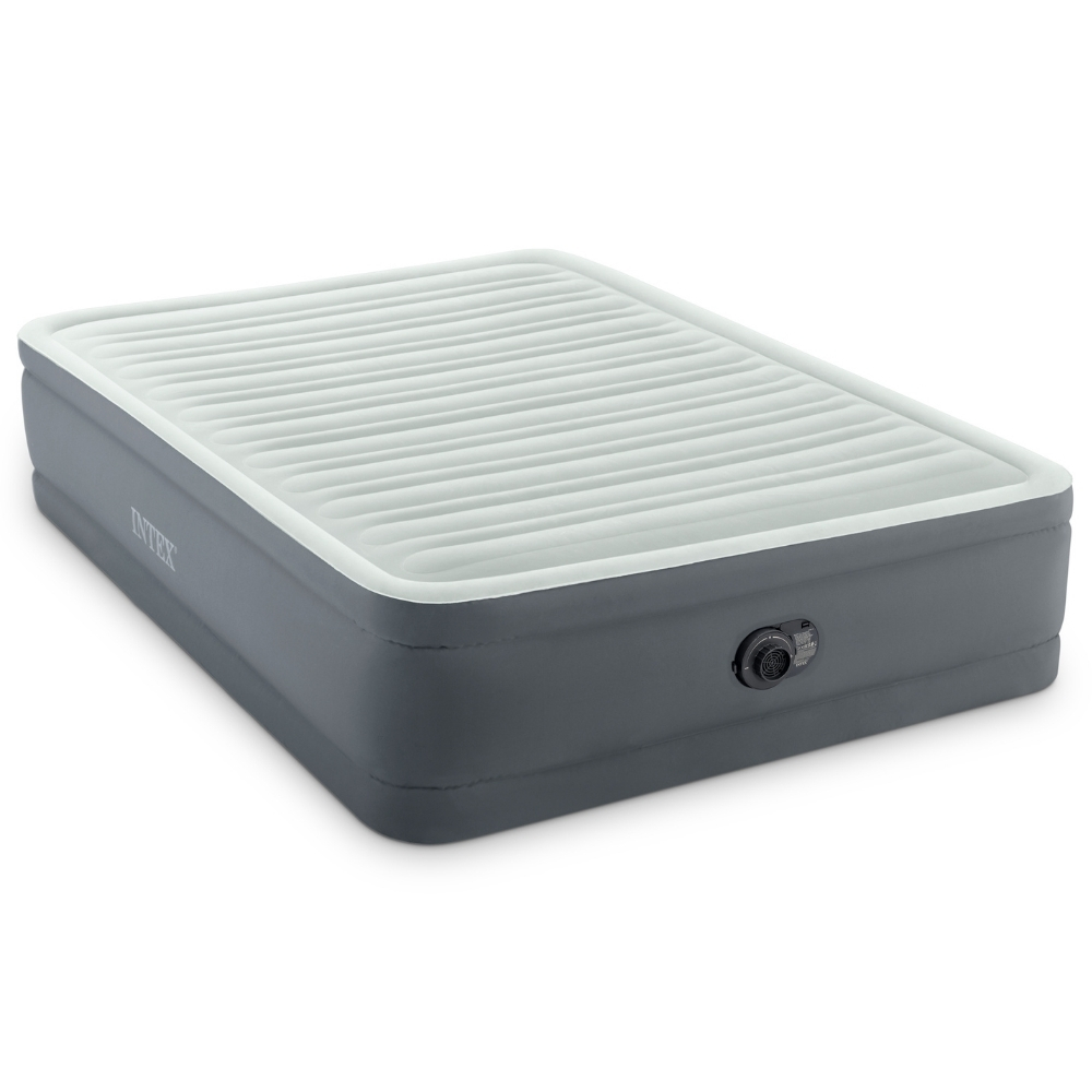 Grijs Intex luchtbed. Het matras heeft een gestructureerd oppervlak.