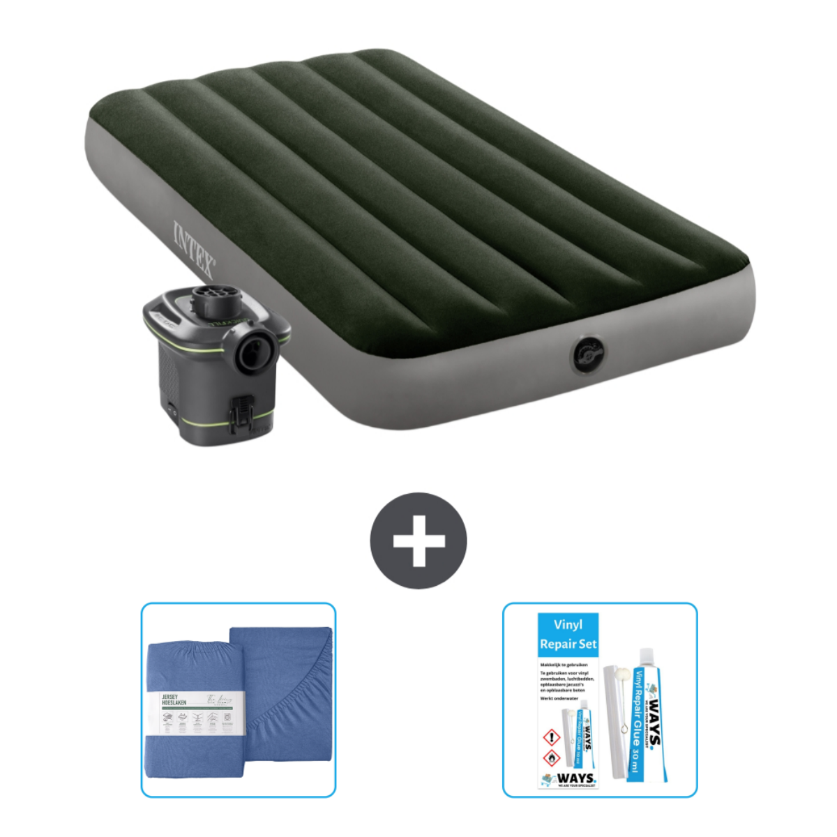 Groen-grijze opblaasmatras, pomp, reparatieset en blauwe lakens.