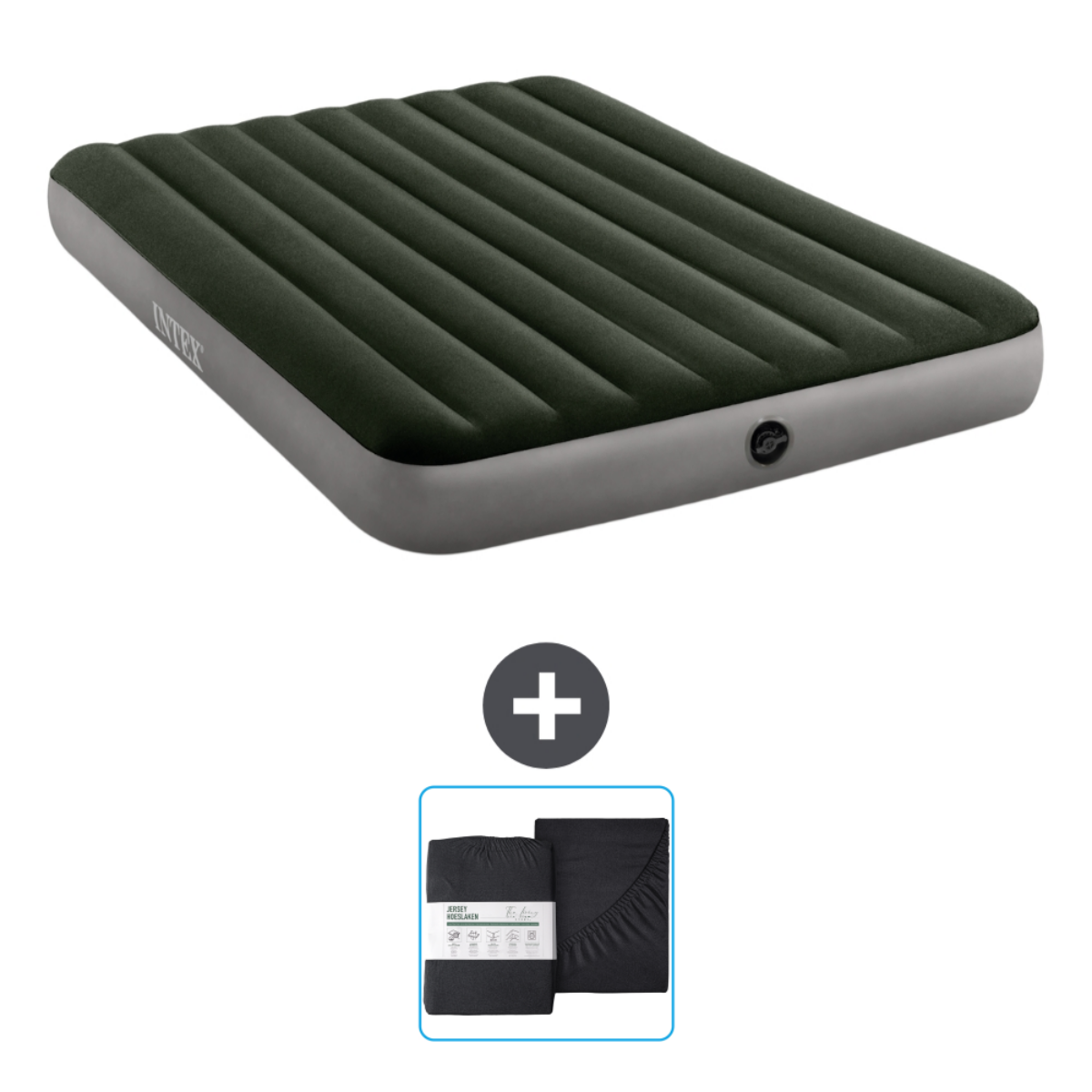 Matelas gonflable vert foncé avec draps. Le matelas porte la marque Intex.