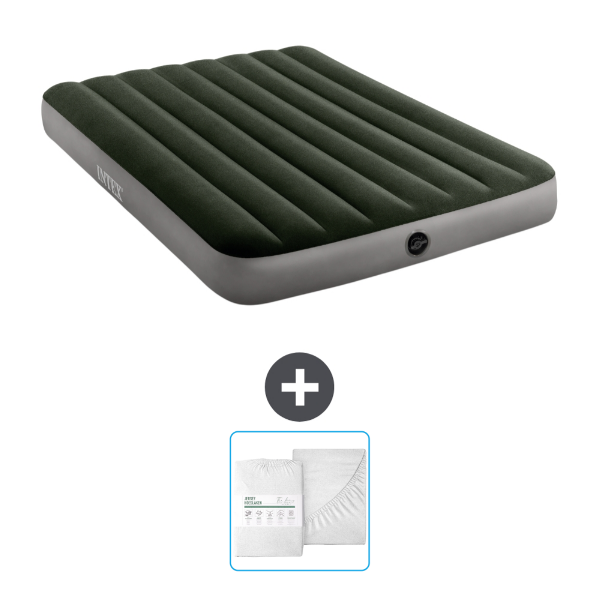 Matelas gonflable vert foncé avec draps. Le matelas et les draps sont au centre.