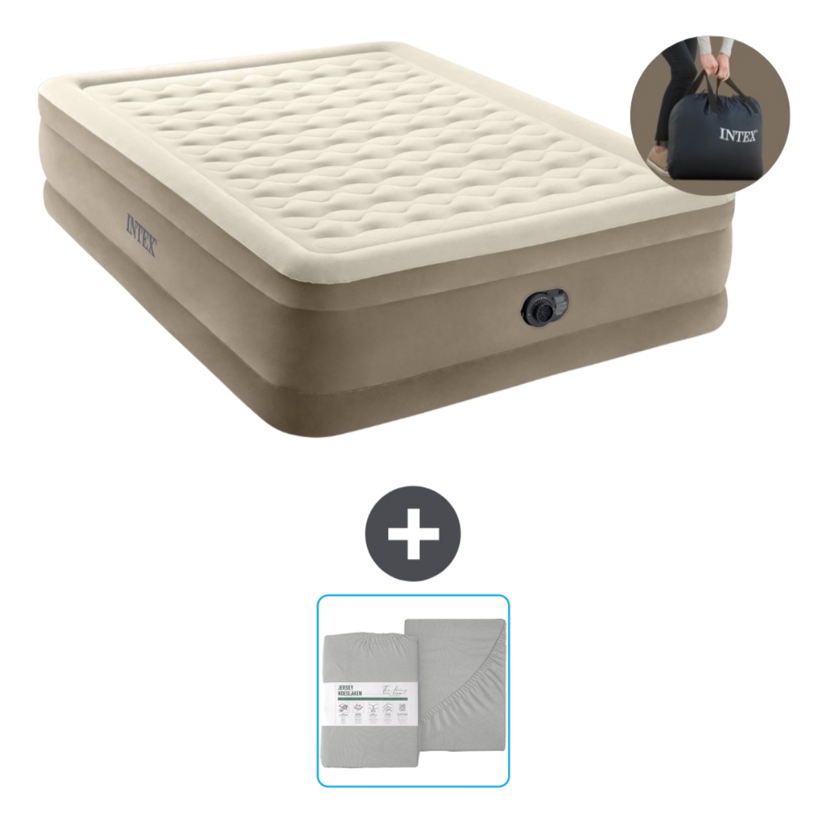 Lit gonflable beige avec draps et sac de transport. Un signe plus est inclus.
