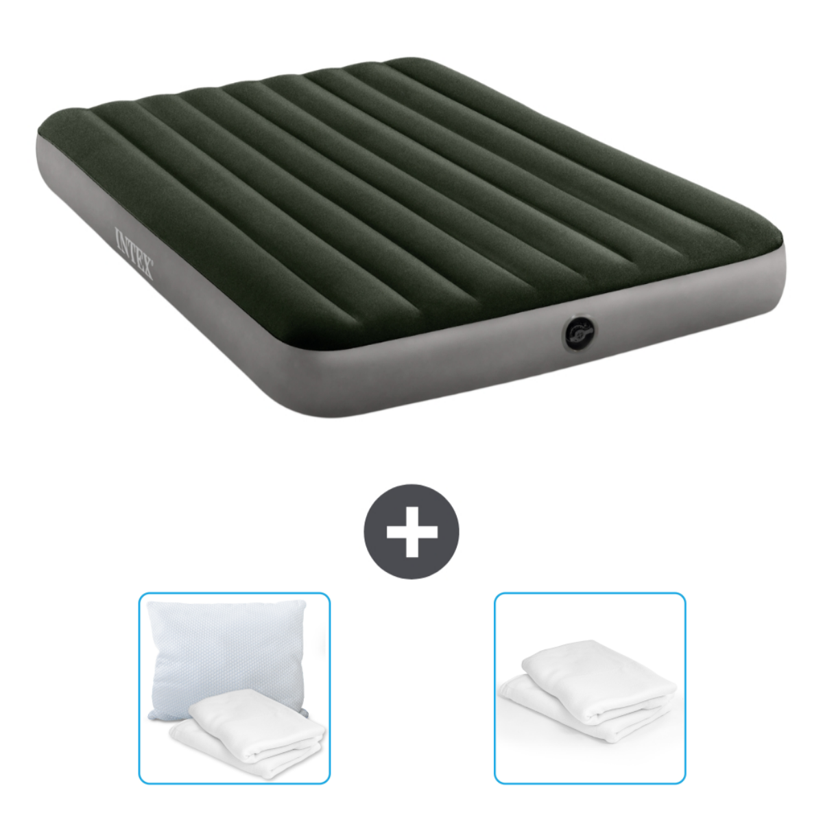 Donkergroen opblaasbaar matras met accessoires. Een plusteken geeft een combinatie aan. Matras, lakens, kussen en handdoek.