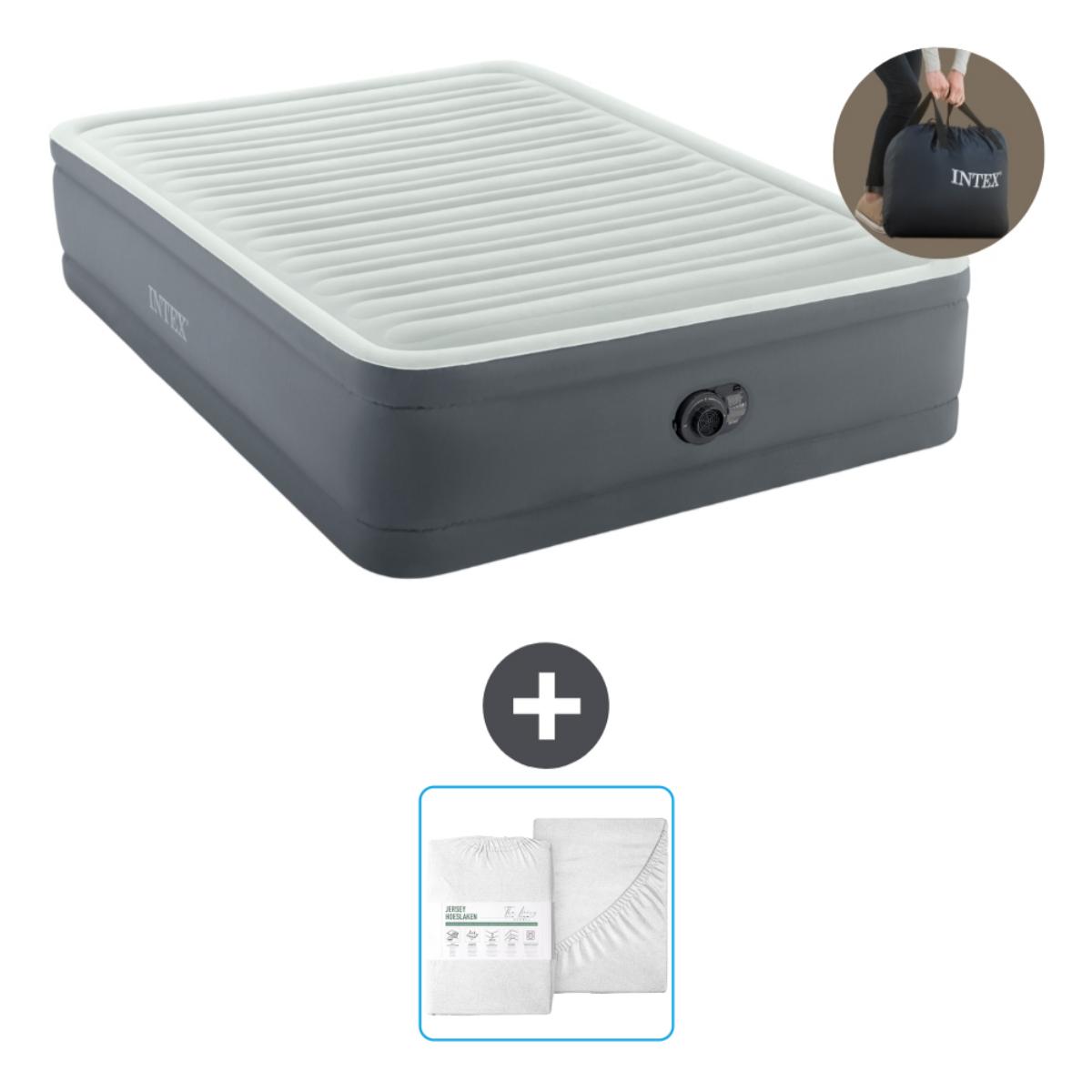 Matelas gonflable gris Intex avec accessoires. Comprend des draps. Fond blanc.