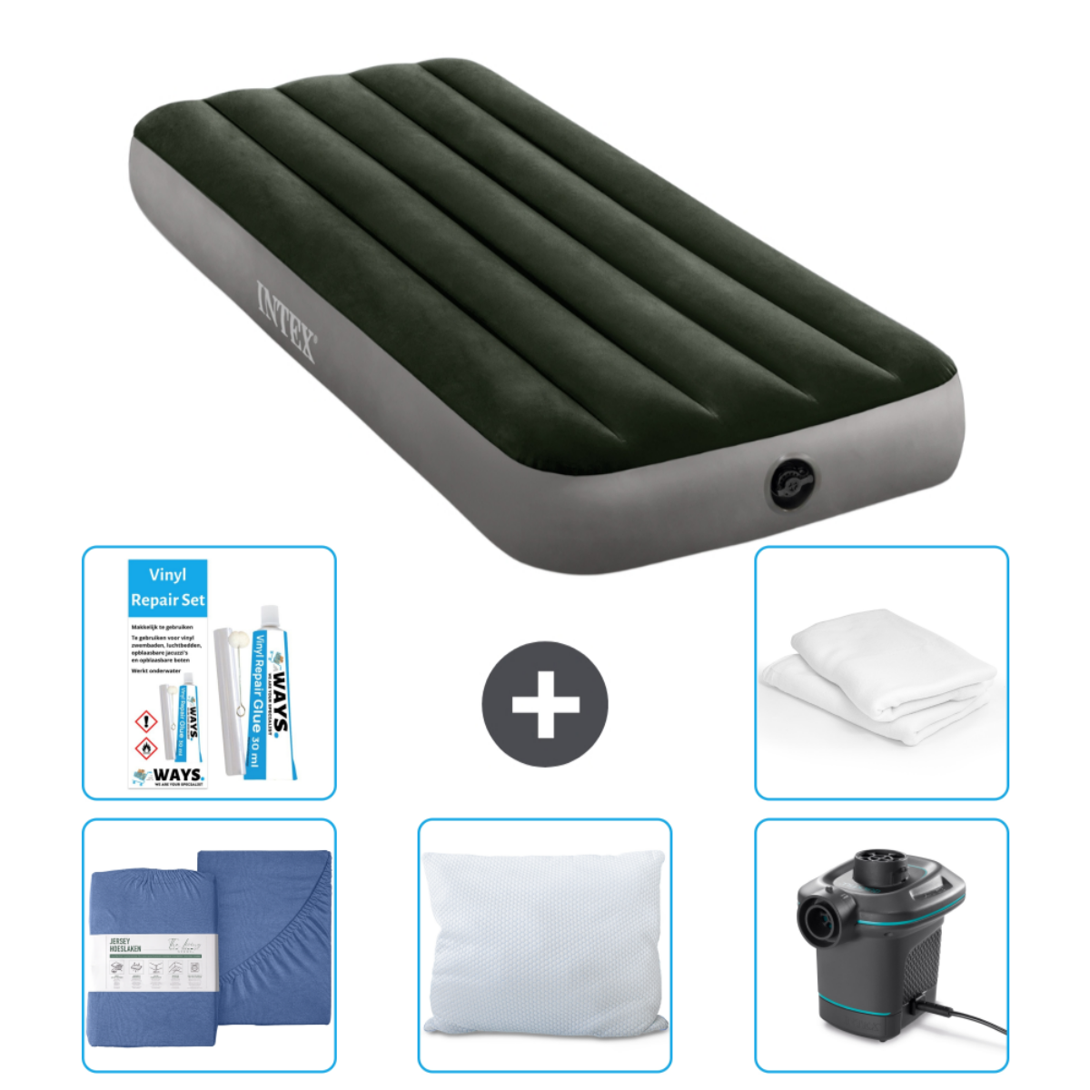 Matelas gonflable vert foncé avec accessoires sur fond blanc.