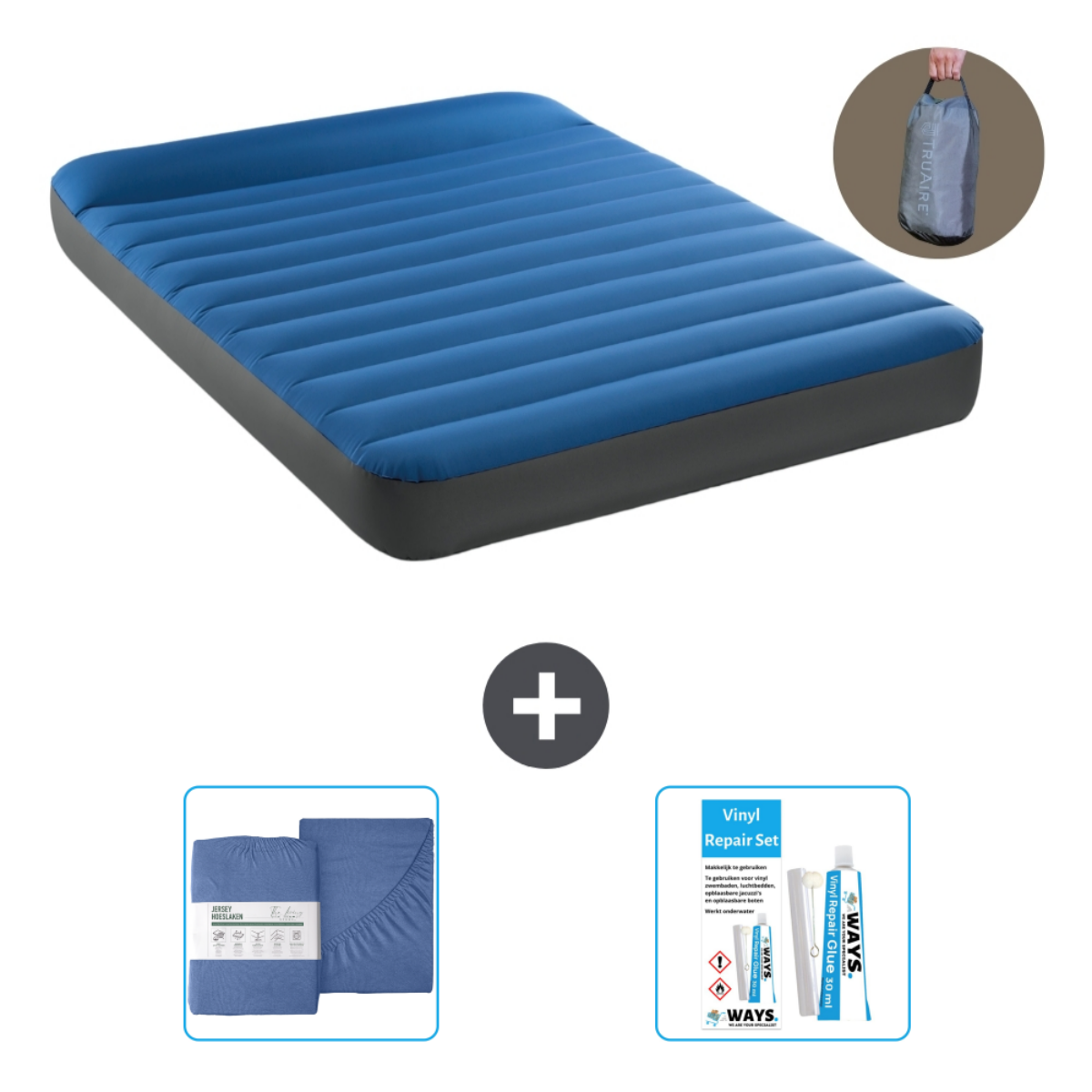 Blauw luchtbed met grijze basis, een lakenset, een reparatieset en een draagtas.