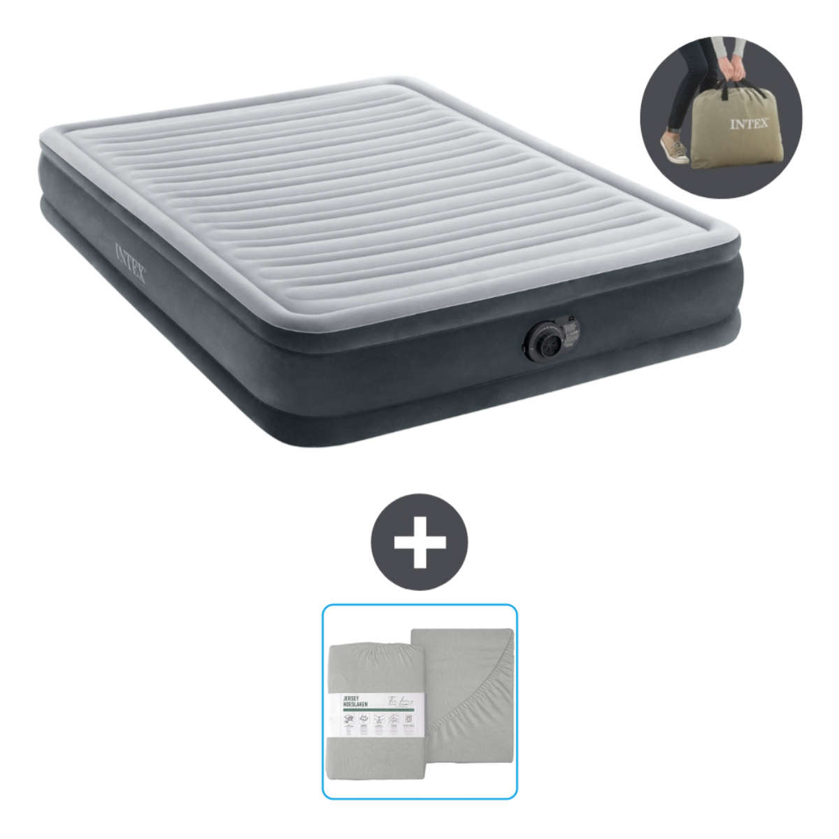 Grijs en wit opblaasbed met lakens en een tas. De tas zegt INTEX.