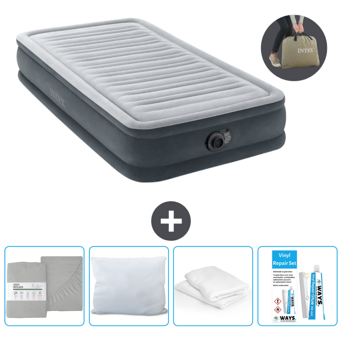 Matelas gonflable avec draps, oreiller, kit réparation, pompe et sac transport sur blanc.