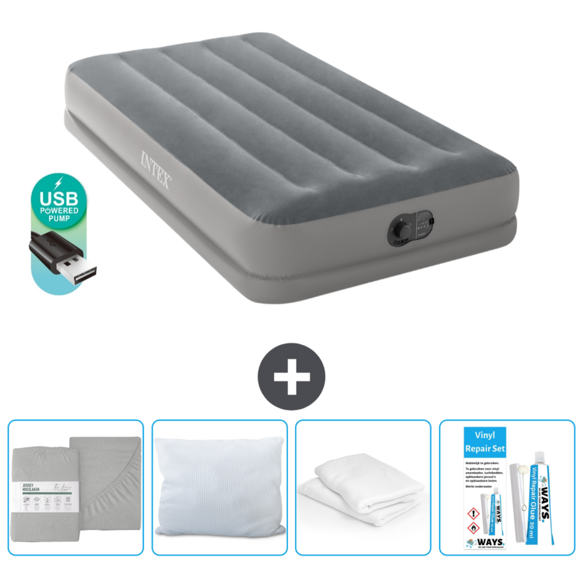 Lit gonflable gris avec draps, oreiller et kit de réparation. Comprend une pompe USB. Draps gris.