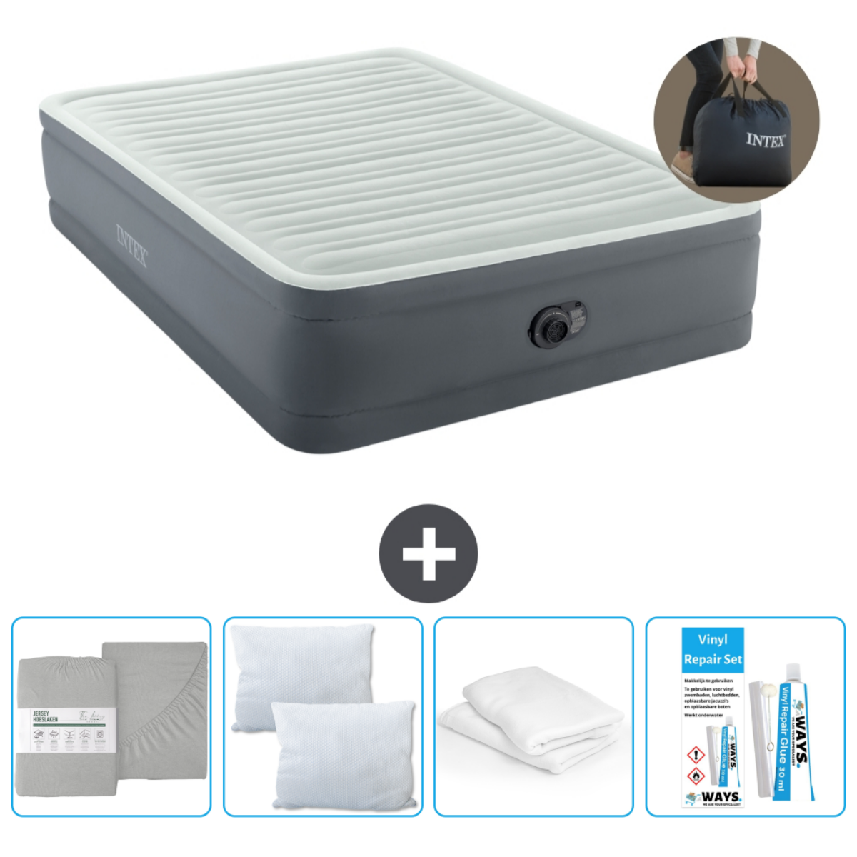 Lit gonflable gris et blanc avec draps, oreillers et kit de réparation. Inclut un sac, INTEX.