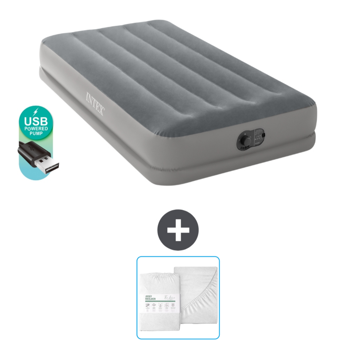 Un lit pneumatique Intex avec draps et kit de réparation sur fond blanc.