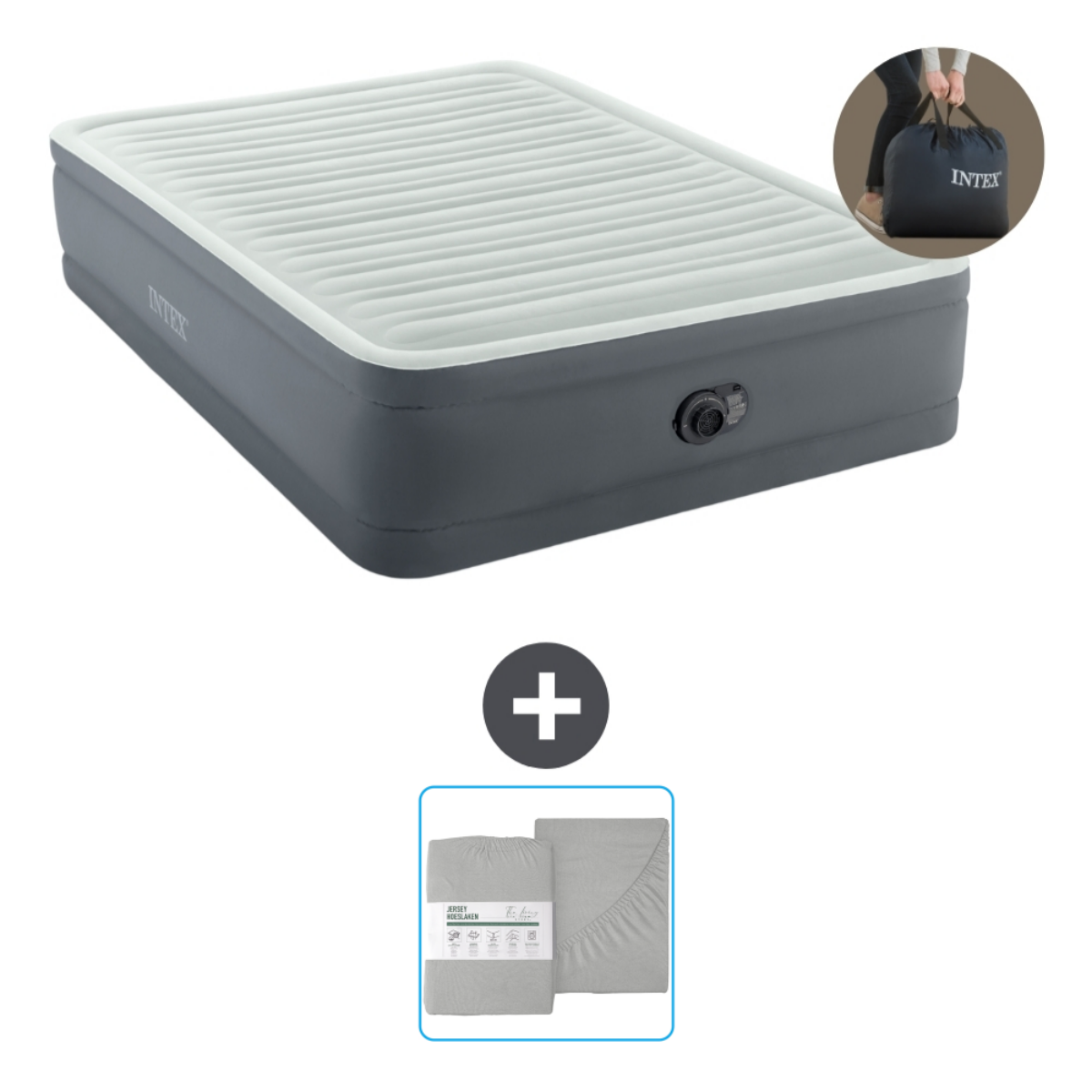 Opblaasbaar bed met accessoires. Bed, reparatieset en lakens. Er is een draagtas aanwezig.