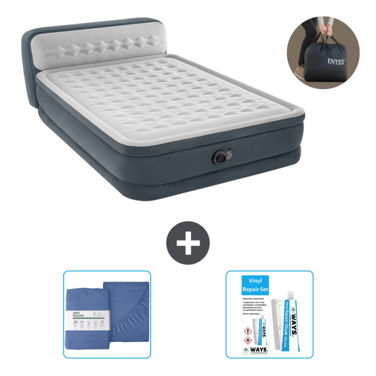 Matelas gonflable avec tête de lit, draps et kit de réparation. Palette de couleurs grise, blanche et bleue. Logo Intex.